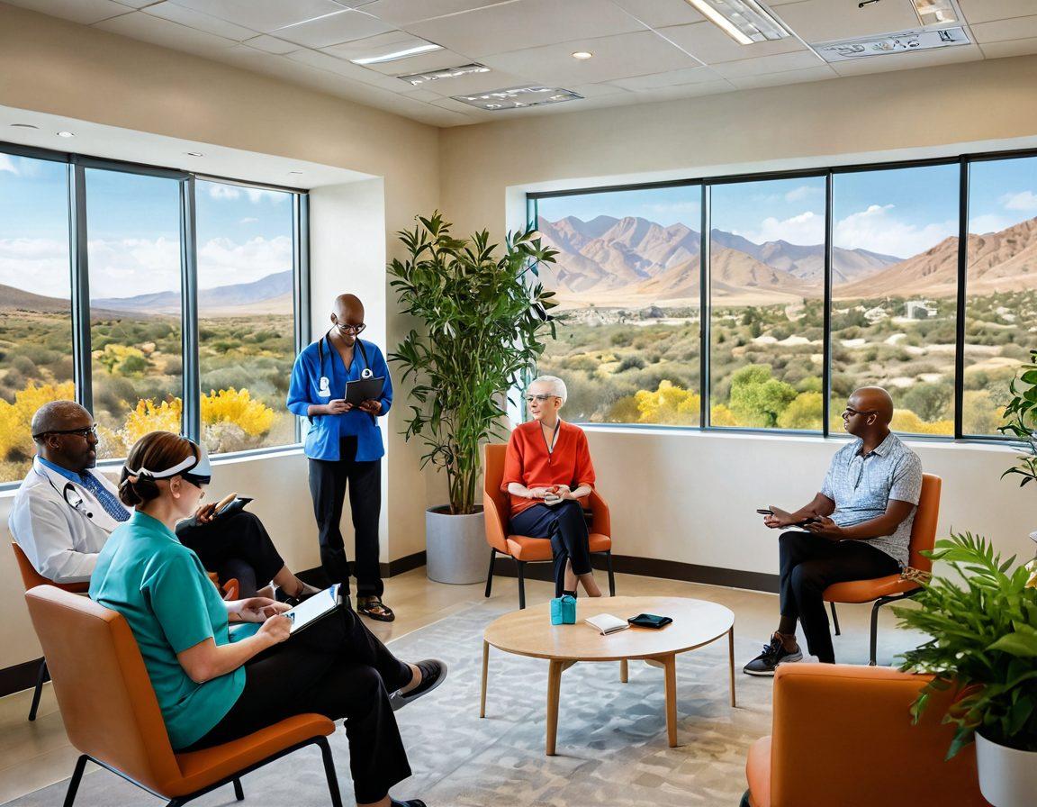 A serene and hopeful landscape showcasing a diverse group of patients engaging with innovative cancer therapies, including lively discussions with medical professionals and technology usage like tablets and VR headsets. In the background, a vibrant depiction of clinical trial locations and supportive resources like brochures and aid symbols can be seen. The atmosphere conveys encouragement and optimism, blending real-life elements with a touch of imagination. super-realistic. vibrant colors. uplifting tone.