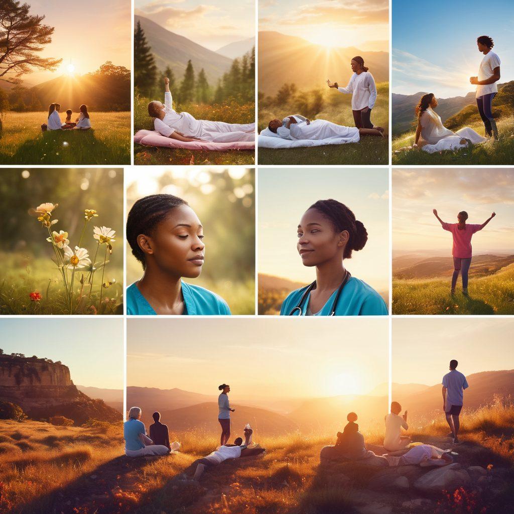 A powerful collage depicting diverse individuals sharing their survivor journeys; one person receiving treatment in a hospital, another celebrating with family, and a third exercising outdoors. Gentle light symbols of hope radiate around them, creating an uplifting atmosphere. The background should be a blend of serene landscapes symbolizing recovery and strength. soft focus. vibrant colors. inspirational tones.
