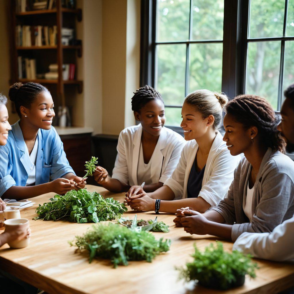 A warm and inviting community gathering featuring diverse individuals sharing stories of hope and support around a table filled with healing herbs and medical resources. Light beams through a window, illuminating a comforting atmosphere with subtle touches of innovation like medical technology and therapy tools. Capture moments of connection and empathy as people engage in discussions, with emphatic expressions showcasing resilience. soft focus. vibrant colors. super-realistic.